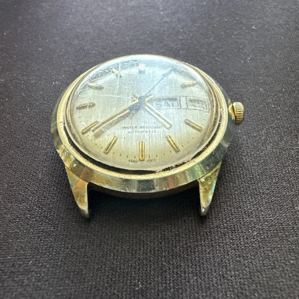 Vintage Timex Automatic Watch Gold Tone Day Date 46661 10877 Water Resistant